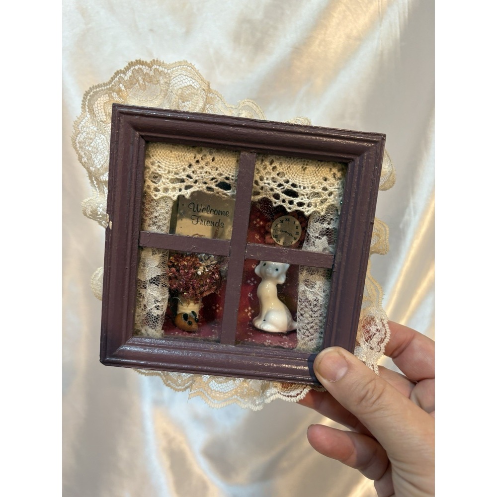 Vintage Shadow Box Wall Hanging Whimsical Farmhouse Cottagecore Decor Cat Lace